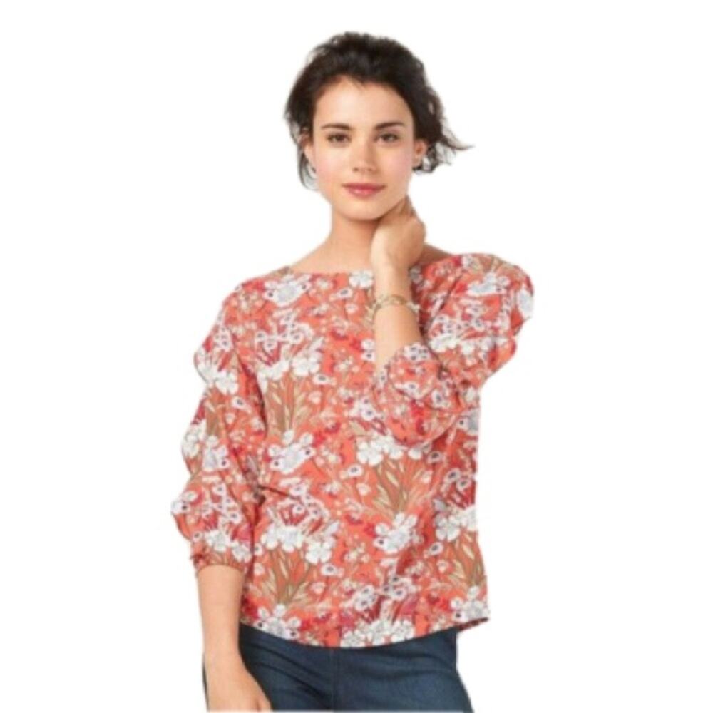 LC Lauren Conrad Orange White Floral Boatneck 3/4 Ruffle Sleeve Blouse Sz S
b16